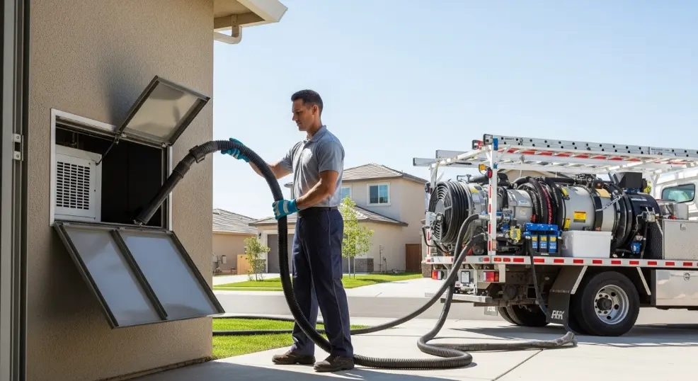 worker cleaning residential air duct