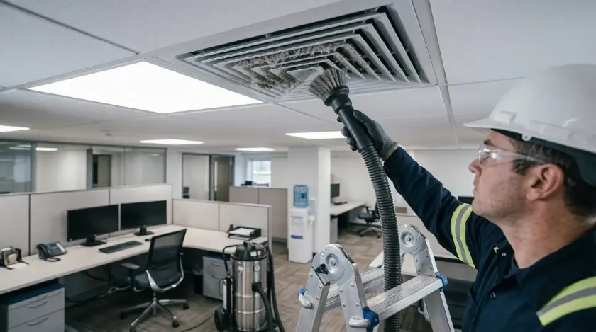 Clean commercial HVAC ductwork system inside a modern commercial building.